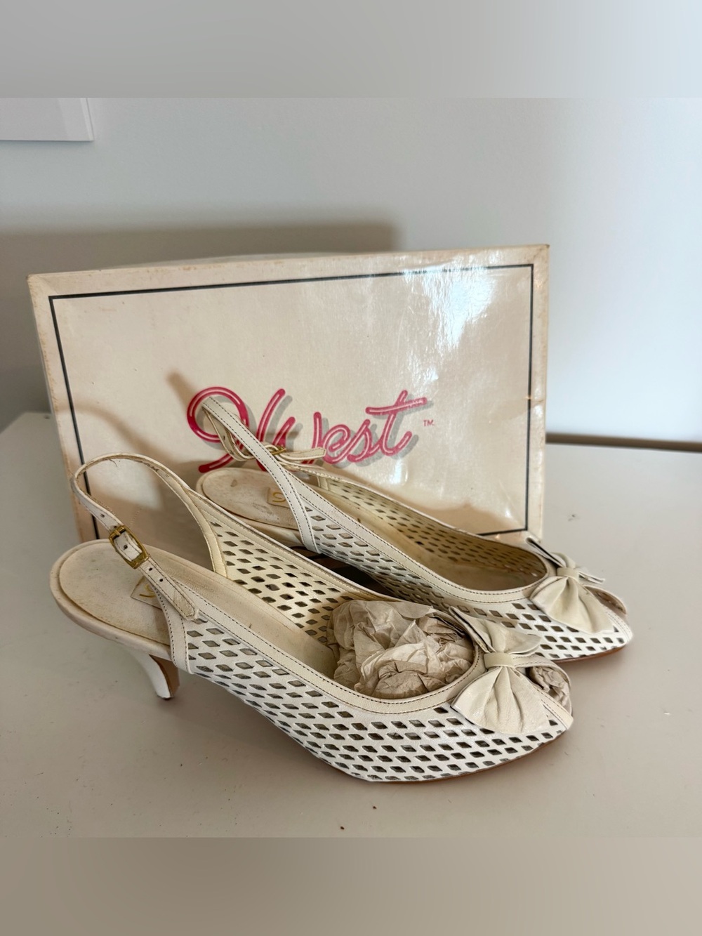 Nine West Cream Perforated Slingback Peep-Toe Heels with Bow